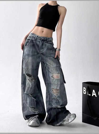 Women Jeans American High Street Ripped Straight Wide-Leg