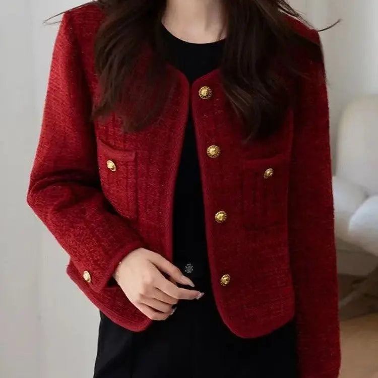 Women's Jacket 2026 Spring Autumn Red Tweed Small Fragrance