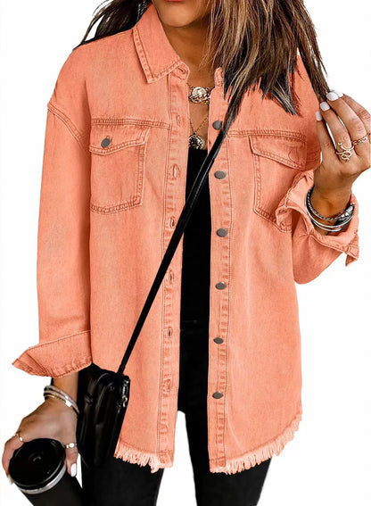 New washed denim shirt jacket for women autumn and winter personality street style edged hem jacket for women