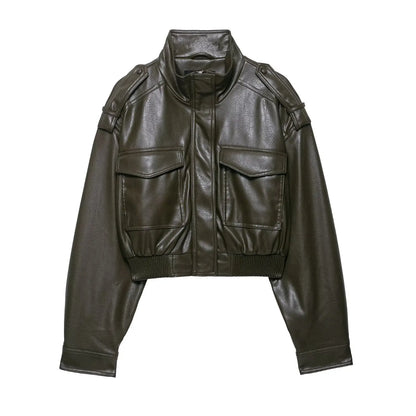 Women's Black Leather Jacket - Vintage Zipper Moto Biker Coat
