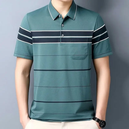 Short-sleeved T-shirt  Men Casual Versatile Loose Striped Real Pocket Lapel Polo Shirt Daddy Suit