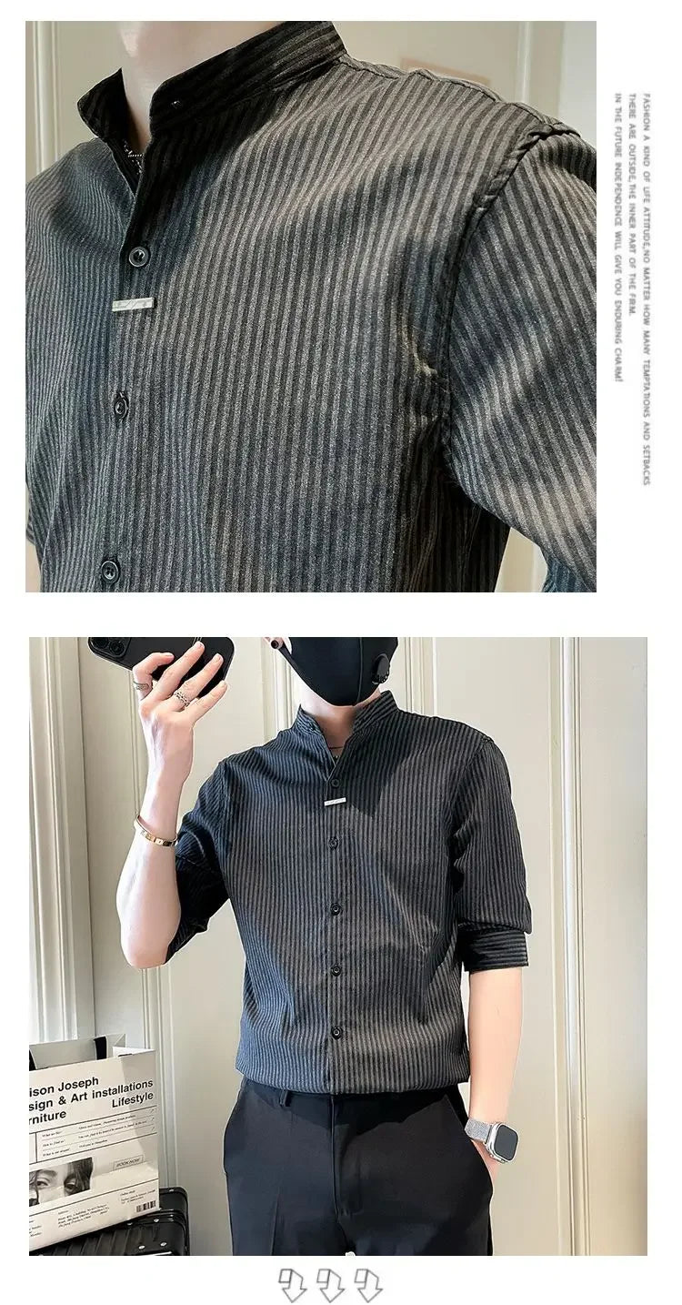 Men's Striped Stand Collar Cardigan Shirt 2025