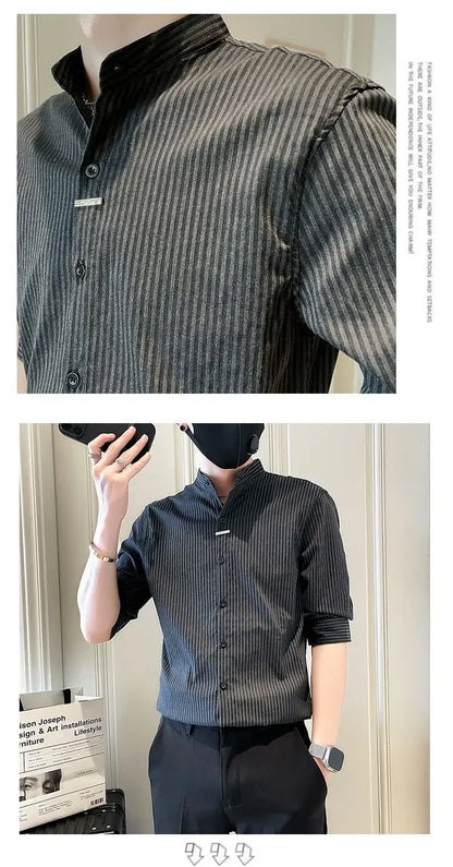 Men's Striped Stand Collar Cardigan Shirt 2025