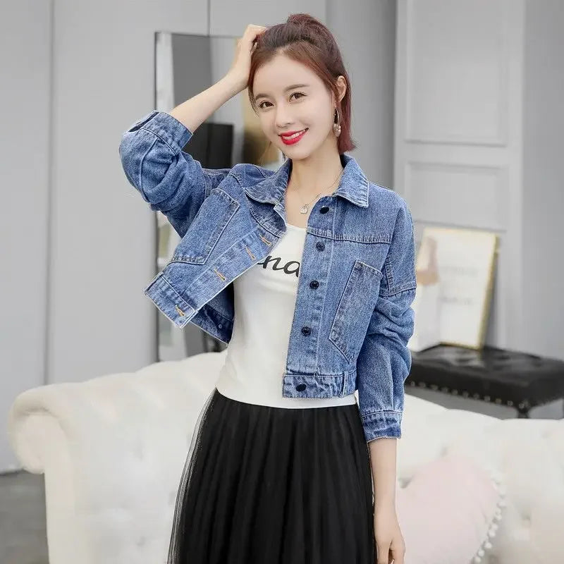 Spring Autumn Denim Jacket for Women Crop Plain Small Short Y2k Clothes Chic and Elegant Cowboy Coat Woman in Promotion New