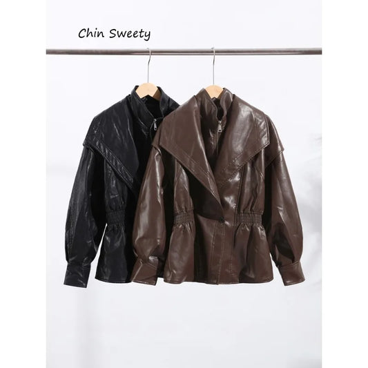 Leather Jacket For Woman Cinched Waist  Vintage V-Neck Coats Slim Casual Autumn Tops Trending 2025 Products  Woman Clothes
