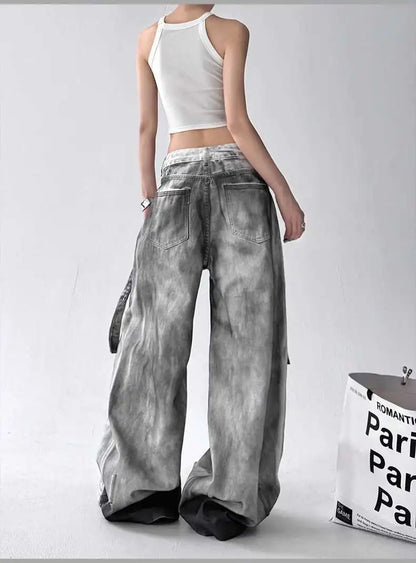 Women Jeans American High Street Ripped Straight Wide-Leg