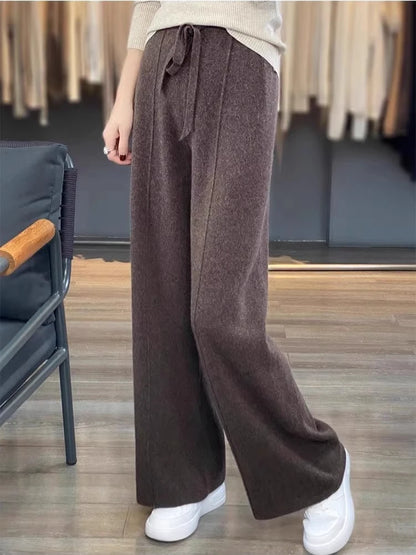 Women Pants Full Length Elastic Waist Knitted Wide Leg
