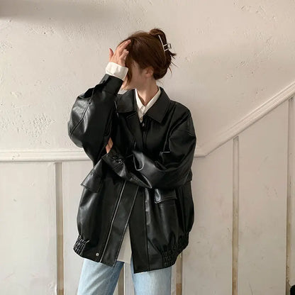 College Style PU Leather Jacket for Women 2025 Spring and Autumn New Loose Windproof Leather Jacket