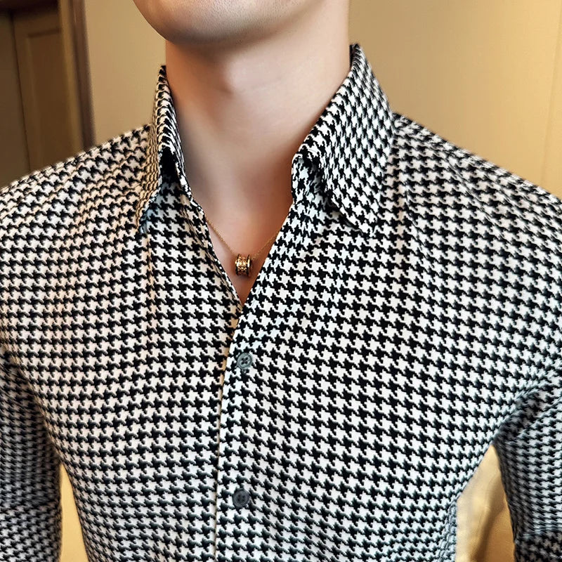 Men's Korean Houndstooth Slim Fit Dress Shirt