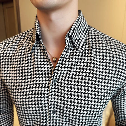 Men's Korean Houndstooth Slim Fit Dress Shirt