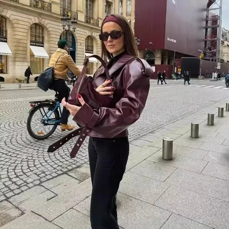 Casual Street Leather Jacket Women Solid Lapel Long Sleeved Belt Crop Female Coats 2025 Autumn Y2k Fashion Loose Pu Outwear Lady