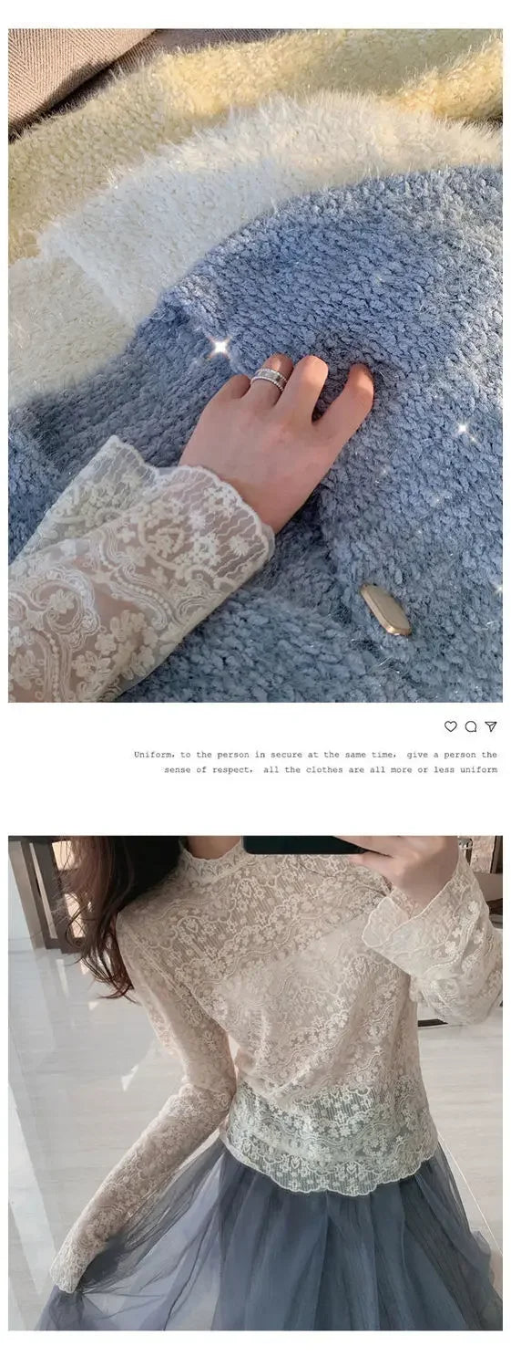 Qadın Krujeva Köynək Payız Uzun Qollu Turtlenock Mesh