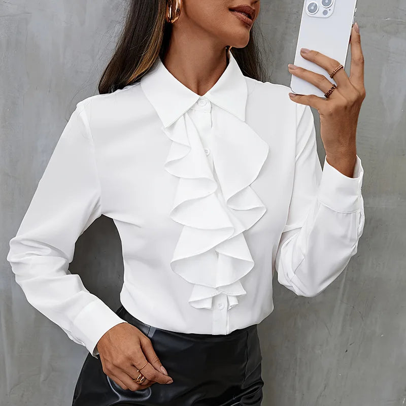Elegant Women Blouse Ruffled Long Sleeve Office Shirt