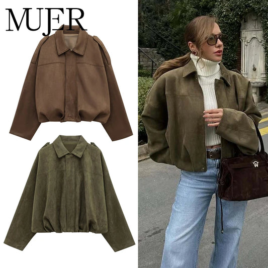 Women's Suede Bomber Jacket 2025 - Oversized Streetwear