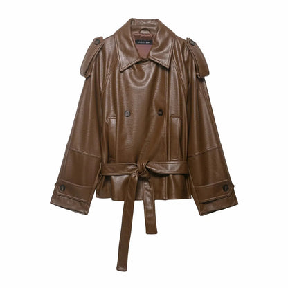 Women Faux Leather Jackets Women's With Belt Coat Outwear Streetwear Fashion Elegant Female Jackets Trench Coat