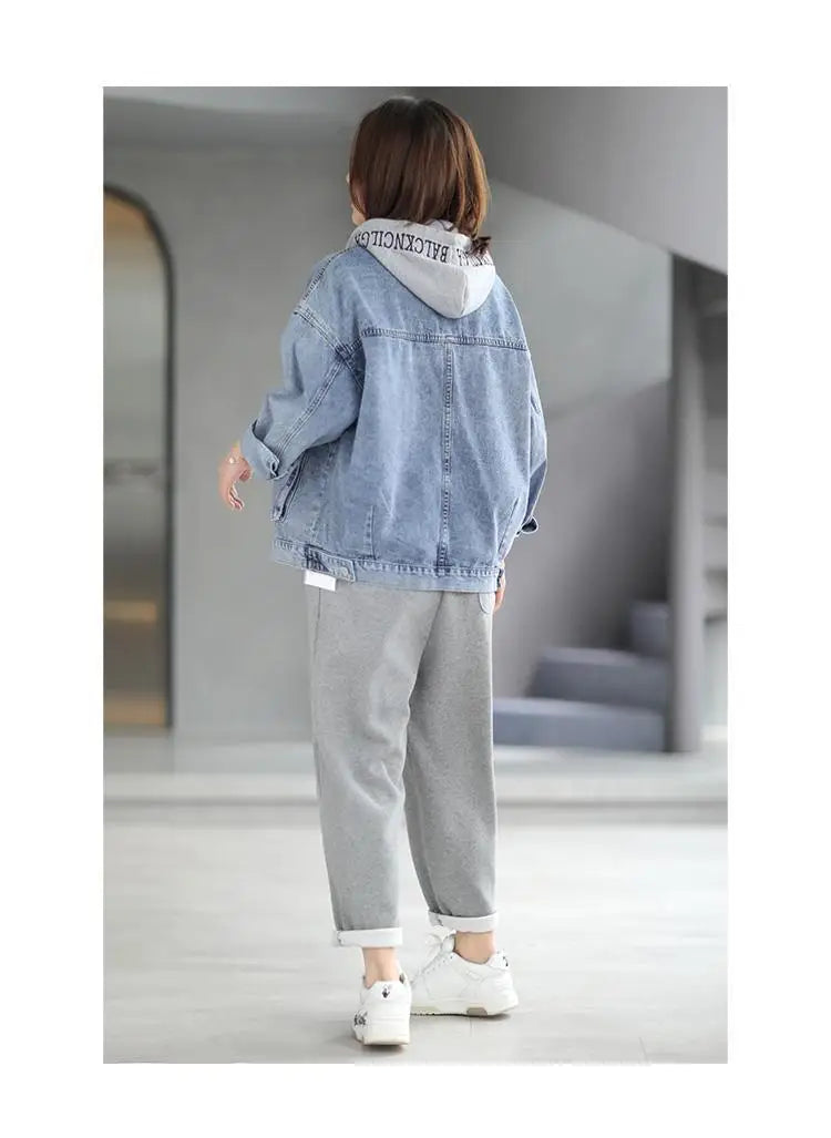 Korean Denim Jacket Women Hooded Vintage