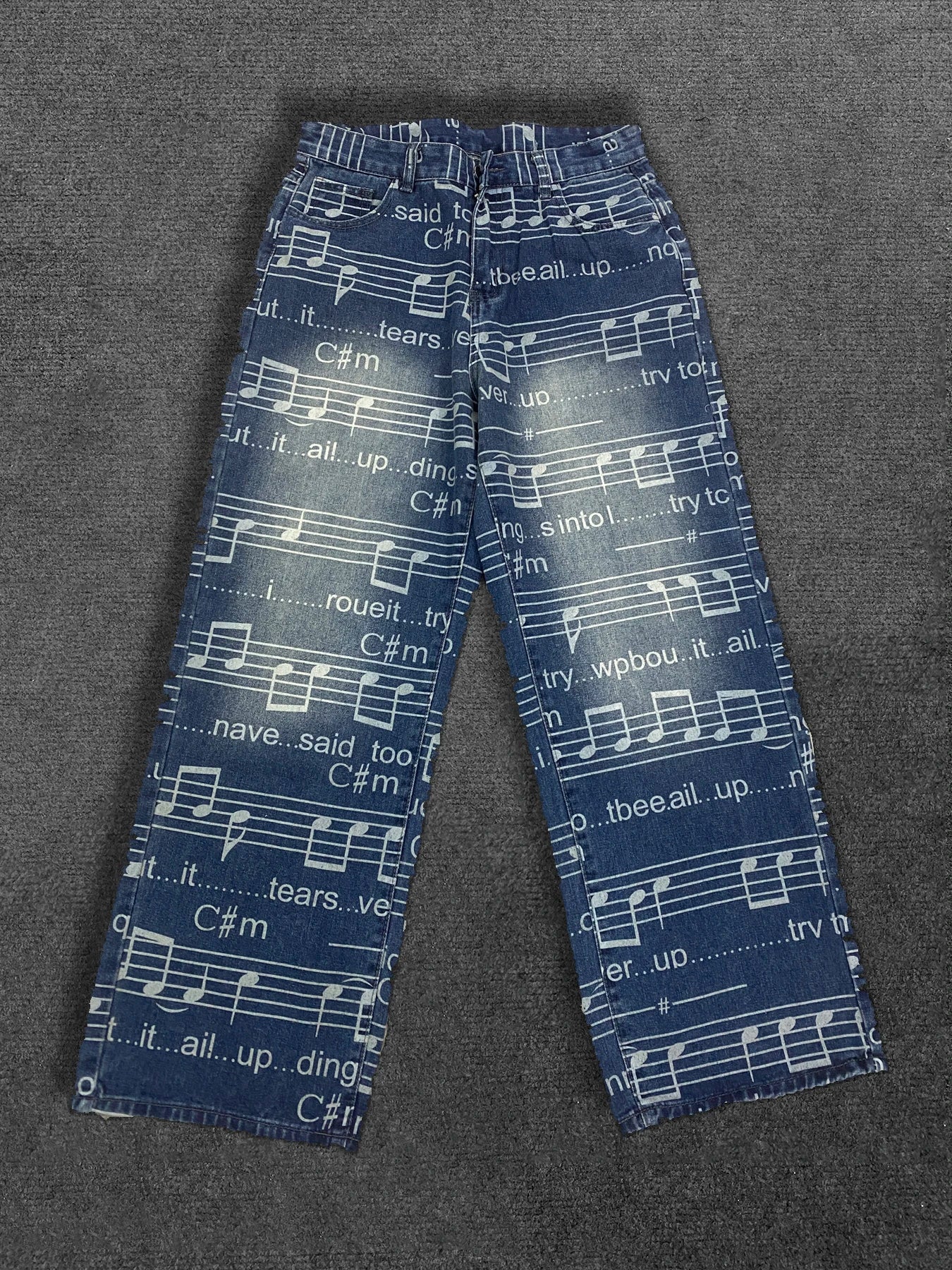 Düz Ayaqlı Yuyulmuş Naxışlı Denim Cins Şalvar - Boş Y2K