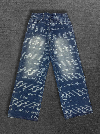 Düz Ayaqlı Yuyulmuş Naxışlı Denim Cins Şalvar - Boş Y2K