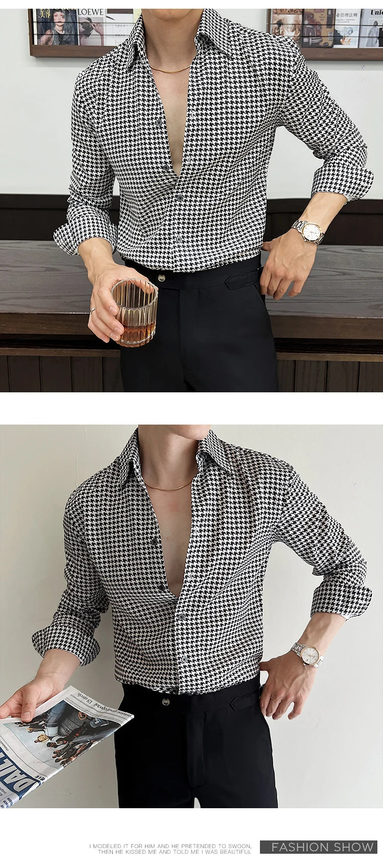 Men's Korean Houndstooth Slim Fit Dress Shirt