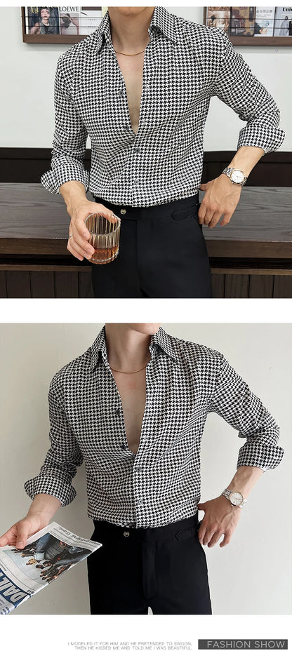 Men's Korean Houndstooth Slim Fit Dress Shirt