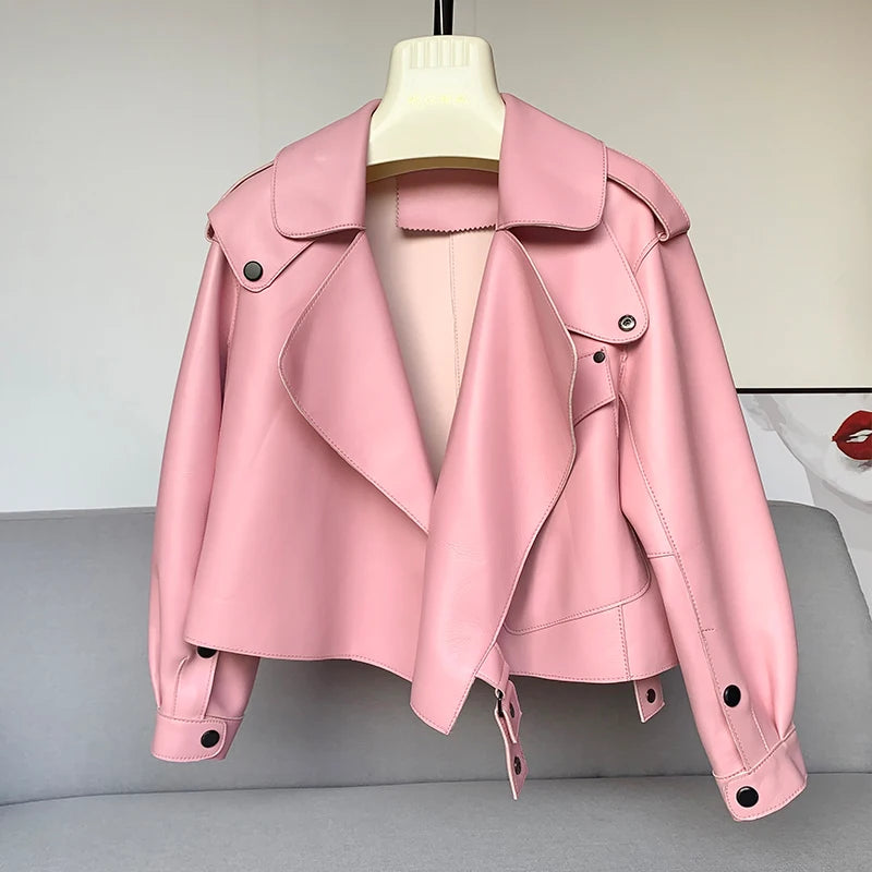 Sheepskin Coat For Women Leather Jacket Winter Spring Moto Biker Genuine Top Quality Black