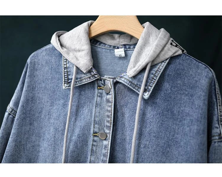 Korean Denim Jacket Women Hooded Vintage