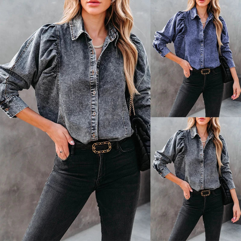 Women's Boho Denim Blouse Puff Sleeve Vintage Shirt