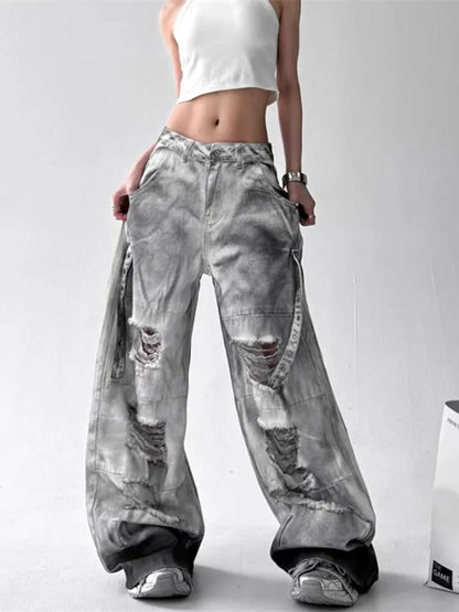 Women Jeans American High Street Ripped Straight Wide-Leg