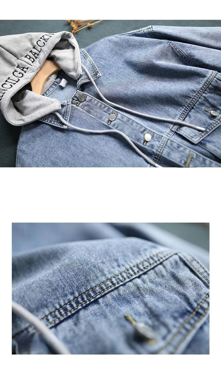 Korean Denim Jacket Women Hooded Vintage