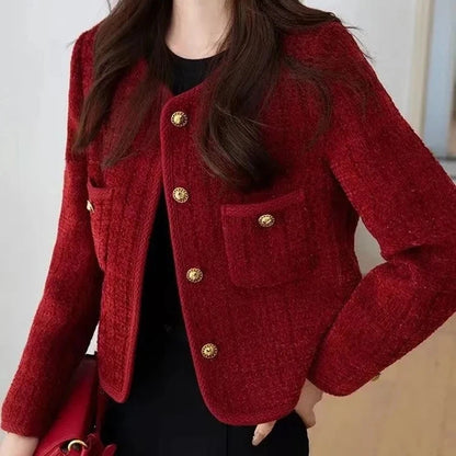 Women's Jacket 2026 Spring Autumn Red Tweed Small Fragrance