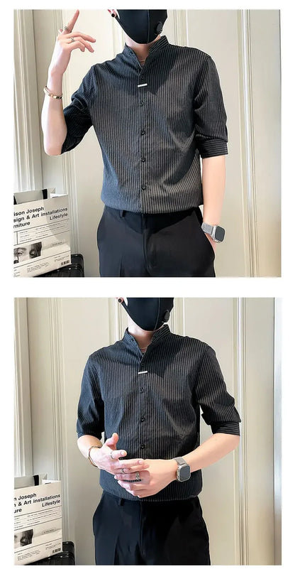 Men's Striped Stand Collar Cardigan Shirt 2025
