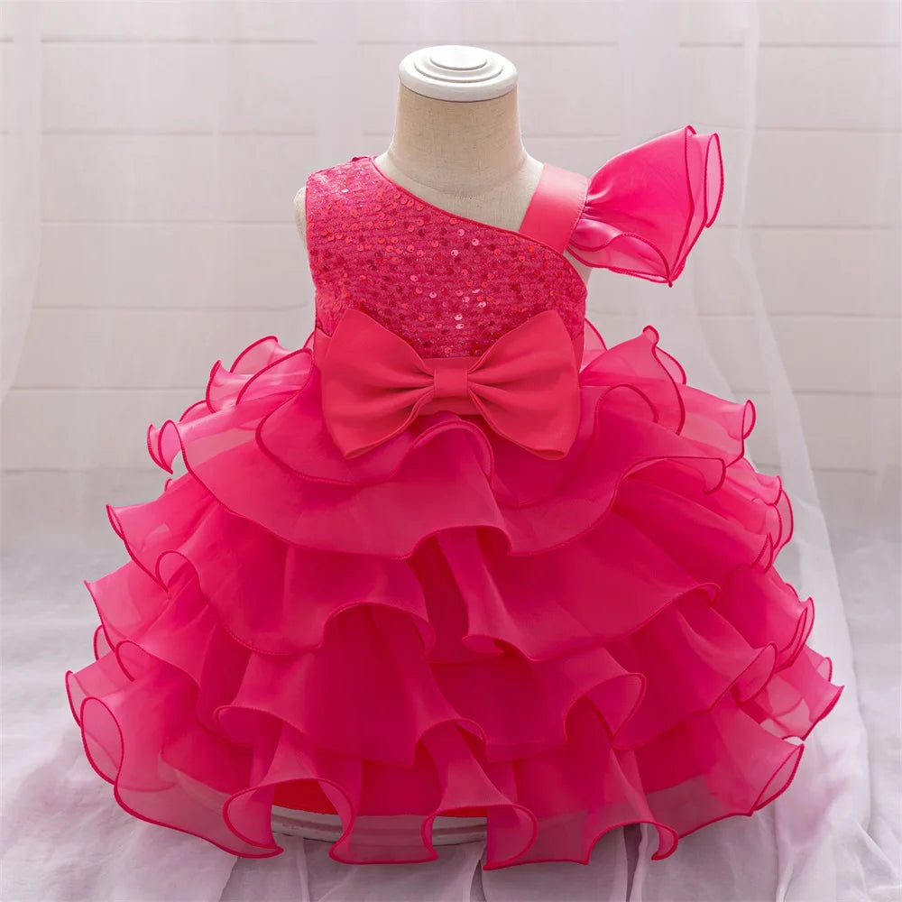 Flower Girls Wedding Bridesmaid Party Dress Kids Sequin Princess Gown For Baby Toddler 1st Birthday Bow Clothes Evening Costumes