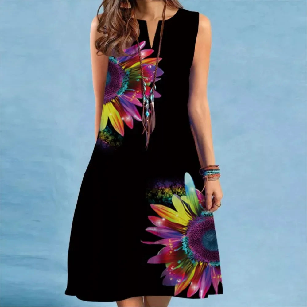 Elegant Flower Power Print Mini Dress 2025 New Women Summer V-neck Sleeveless Sexy A-Line Dress Bohemia Beach Sundress New Femme