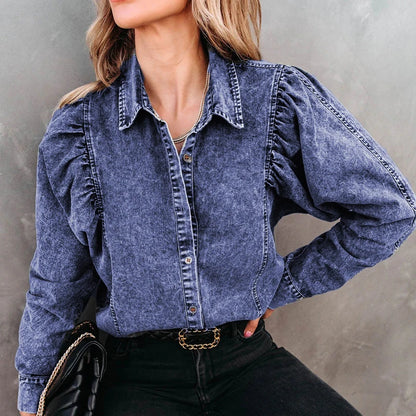 Women's Boho Denim Blouse Puff Sleeve Vintage Shirt