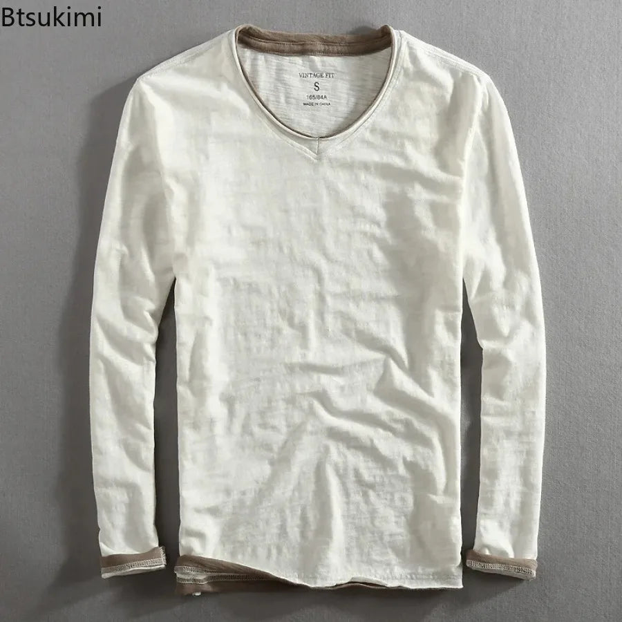 Men's Japanese Vintage V-Neck Long Sleeve T-Shirt 2026