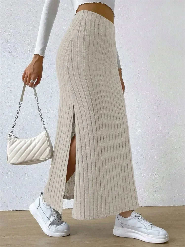Women's Rib-knit Side Split Maxi Skirt - Long Skirt