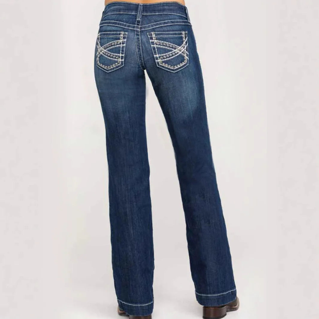 European American Fashion Embroidery Double Waisted Straight Leg Jeans