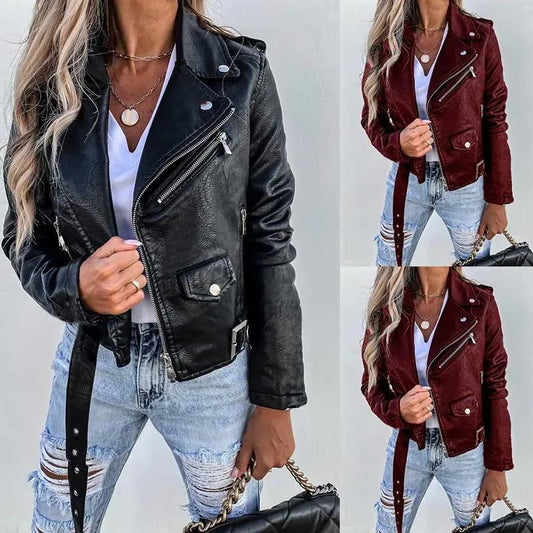 Women's PU Leather Motorcycle Jacket - British Style