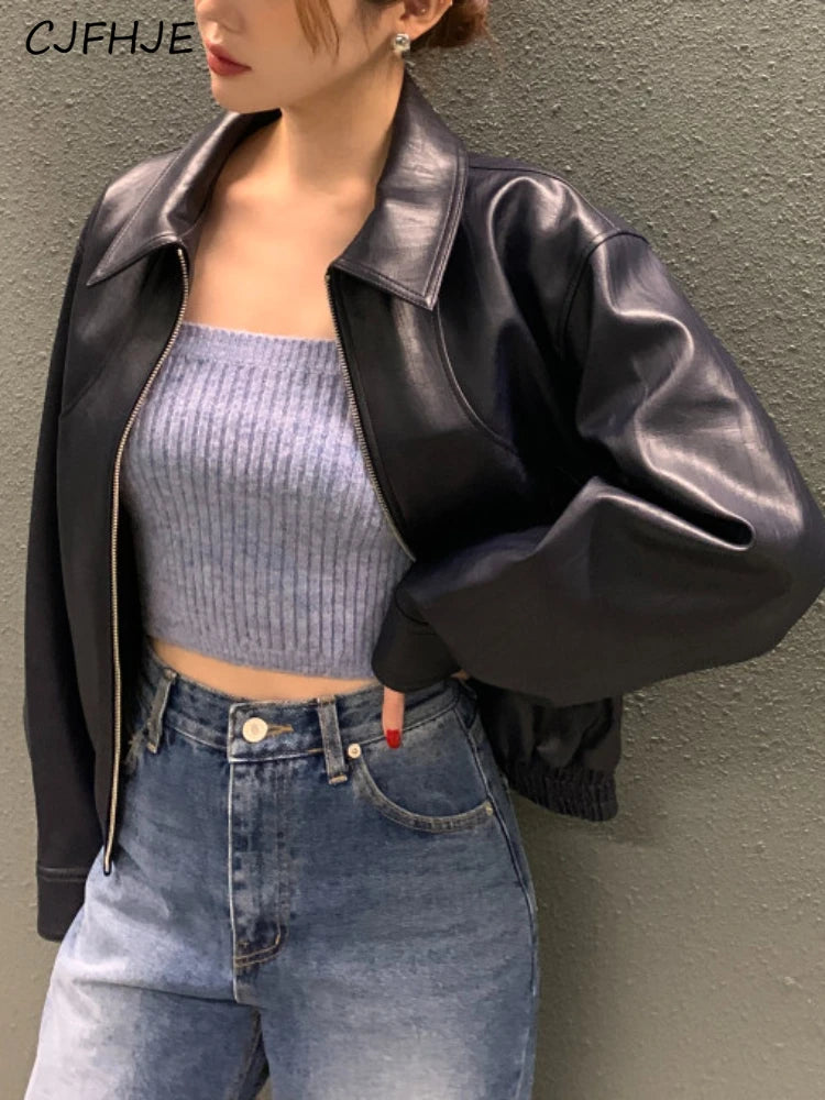 Women's Trench Leather Jacket - Streetwear Cropped Biker Coat