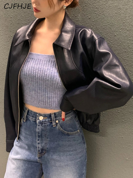 Women's Trench Leather Jacket - Streetwear Cropped Biker Coat