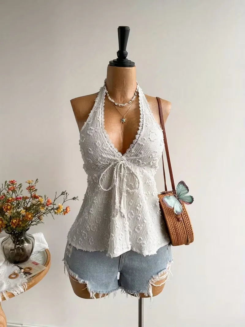 Women's V-Neck Lace Top - Summer Beach Vacation Top