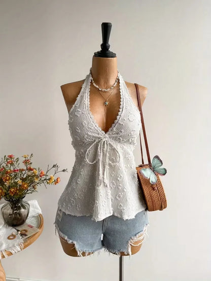Women's V-Neck Lace Top - Summer Beach Vacation Top