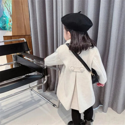 Girls Tweed Coat - Mid-Length Padded Double-Breasted Winter