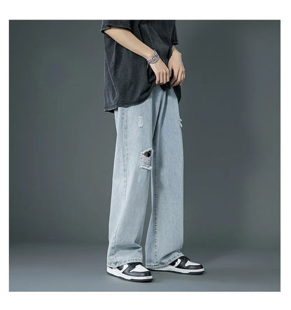 Ripped Jeans Men Ins Trendy - Straight Leg Loose Wide Leg