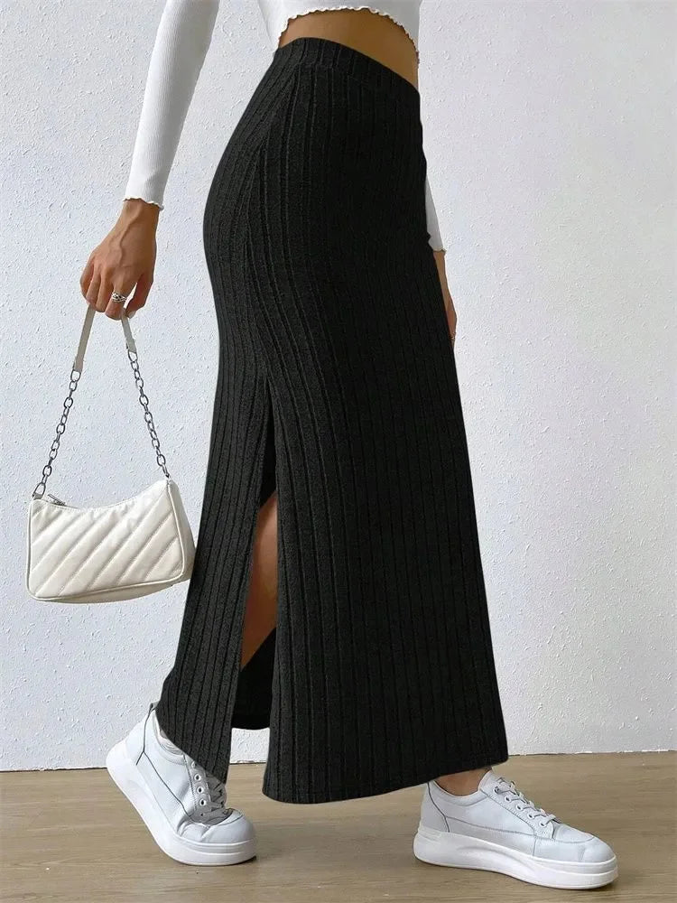 Women's Rib-knit Side Split Maxi Skirt - Long Skirt