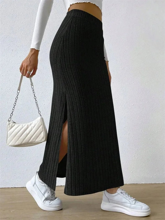 Women's Rib-knit Side Split Maxi Skirt - Long Skirt