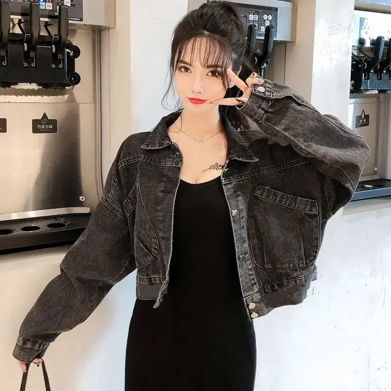 Spring Autumn Denim Jacket for Women Crop Plain Small Short Y2k Clothes Chic and Elegant Cowboy Coat Woman in Promotion New
