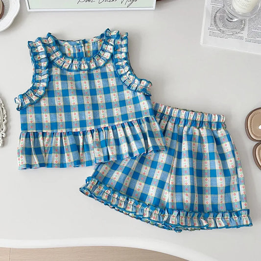 Girls 3-Piece Summer Set - Plaid Sleeveless Top, Wide Leg Pants & Shorts (2T-7T)
