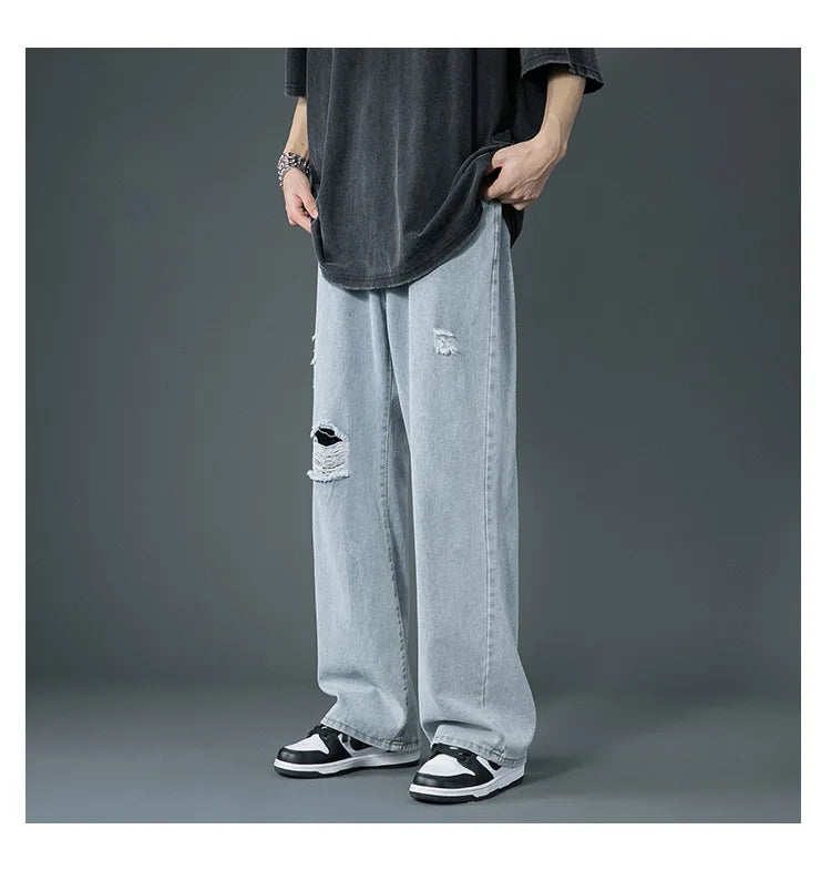 Ripped Jeans Men Ins Trendy - Straight Leg Loose Wide Leg