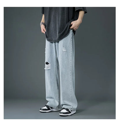 Ripped Jeans Men Ins Trendy - Straight Leg Loose Wide Leg